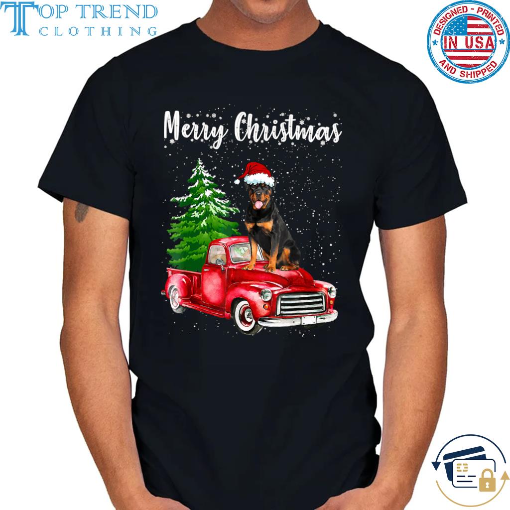 Funny rottweiler Riding Red Truck Merry Christmas sweater