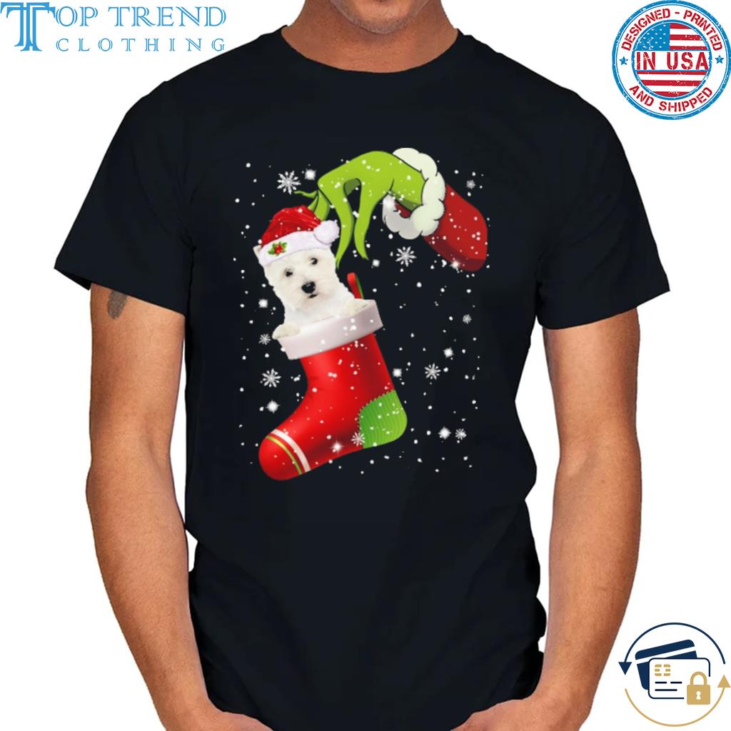 The grinch hand santa highland white terrier 2022 Christmas sweater