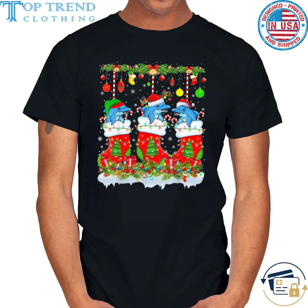 Dolphin in xmas socks lights ugly Christmas sweater