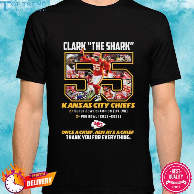Official kansas city Chiefs clark the shark once a thief always a chief thank you for the memories signature shirt